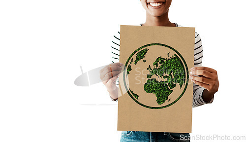 Image of Woman, climate change or cardboard world poster on white background or studio mockup for global warming, earth day or sustainability. Smile, happy or volunteer and environment sign for growth support