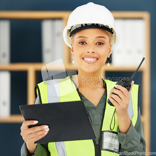 Image of Construction, walkie talkie and portrait of black woman with tablet for engineering, building and architecture. Leadership, vision and female construction worker with digital tech for communication
