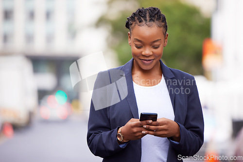 Image of Black woman, phone and app communication on travel commute with online networking and social media check. Corporate worker on mobile internet break reading news with happy smile in urban town.