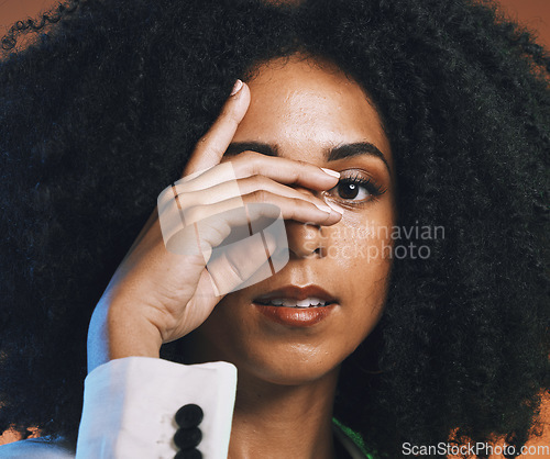 Image of Black woman, face and hand with beauty portrait zoom, skin and manicure with hair, natural cosmetics closeup. Microblading, lashes and lipstick with skincare, makeup and cosmetic care with hair care