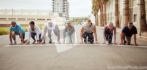 Image of Start, fitness or people in a city marathon race with performance goals in workout or runners exercise. Motivation, focus or healthy group of senior athletes ready for running contest on street road