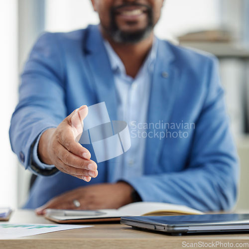 Image of Handshake, hand for hiring with human resources and businessman, manager with onboarding and welcome to company. Partnership, agreement and deal with corporate hr, recruitment and professional desk