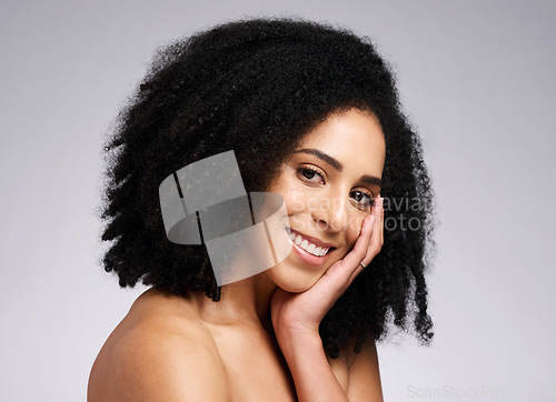 Image of Beauty, skincare and product with portrait of black woman for facial, self care and luxury cosmetics. Spa, hair care and makeup with face of girl model for treatment, natural and wellness in studio