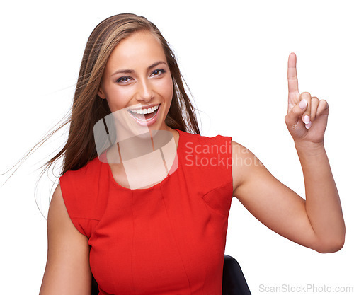 Image of Beautiful, young and happy woman pointing up with finger for idea, solution or plan against a white background. Portrait of isolated attractive female model with smile posing with recommendation