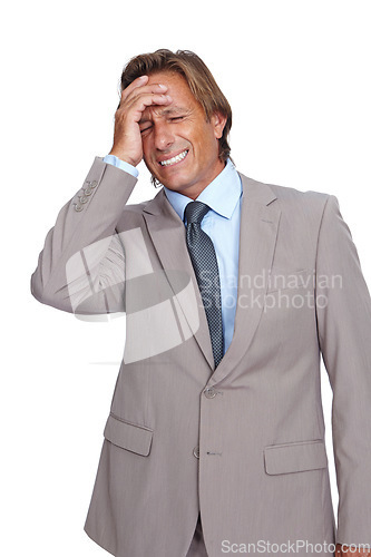 Image of Business man, headache with pain and corporate burnout, ceo and executive isolated against white background. Professional, mistake or problem with mental health, fatigue with crisis and job stress
