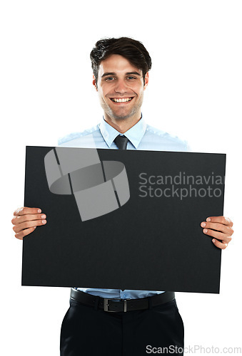 Image of Placard mockup, smile and portrait of businessman with marketing poster, advertising banner or product placement space. Billboard paper mock up, promotion sign and sales model on white background
