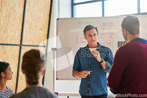 Image of Presentation, coaching and business man training employees for strategy, planning and workshop. Startup, business growth and mentor, manager or boss speaking to staff or worker of ideas on whiteboard