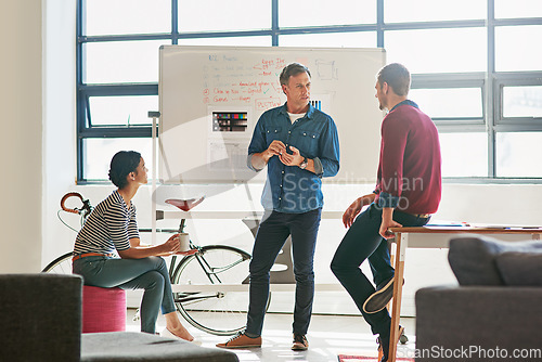 Image of Presentation, coaching and business man startup on whiteboard strategy, planning and workshop. Teamwork, business growth and mentor, manager or boss speaking to employees of mission, ideas or goals