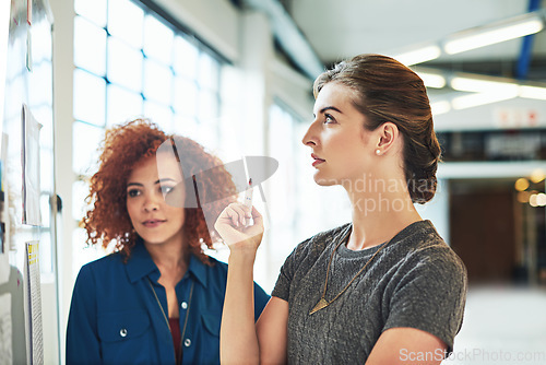 Image of Collaboration, meeting and strategy with a business woman team working or planning for growth together in the office. Teamwork, thinking or brainstorming with a female employee and colleague at work