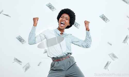 Image of Money win, success and black woman excited about finance freedom, investment and salary on a white studio background. Accounting, happy and portrait of a business employee in celebration of cash