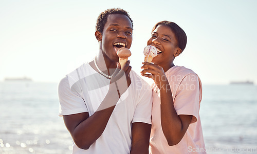 Image of Portrait, black couple and ice cream on beach, love and bonding together on vacation. Romance, man and woman with cold desserts, seaside holiday and loving for relationship, break or weekend to relax