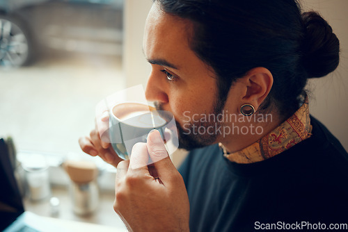 Image of Startup employee, cafe or man drinking coffee in restaurant thinking during lunch, coffee break or breakfast. Focus face, serious or zoom man in modern Brazil coffee shop with blurred background