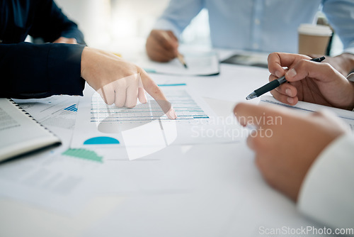 Image of Strategy, planning and hands on documents for tax audit report or financial statement for startup business. Accounting, paperwork and meeting for finance target, goals or research analysis in office.