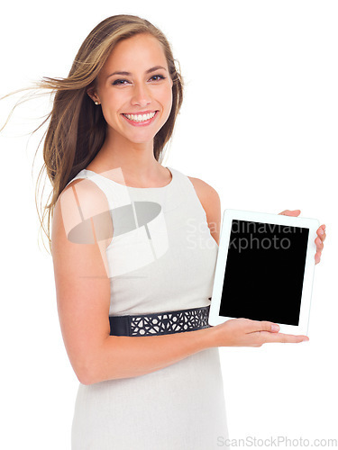 Image of Face, portrait and woman with tablet mockup in studio isolated on a white background. Marketing, branding and happy female holding touchscreen technology for product placement or advertising space.