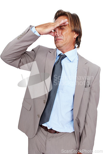 Image of Businessman, holding nose and disgust for bad smell, odor or breath against white studio background. Isolated man wearing suit with disgusted expression for stink, scent or aroma on white background