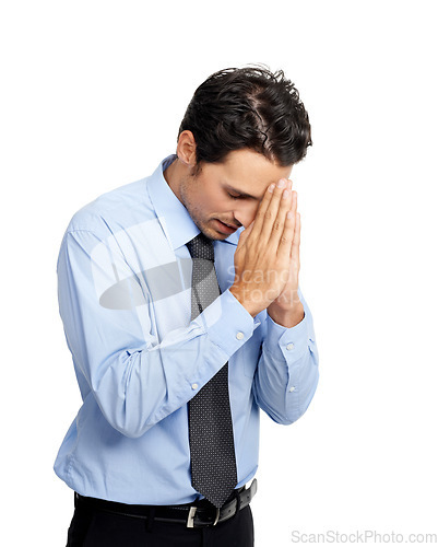 Image of Corporate businessman, praying hands or hope on studio background for new job opportunity, sales deal or promotion. Prayer, hand gesture or worker employee on mockup backdrop in worship for good luck