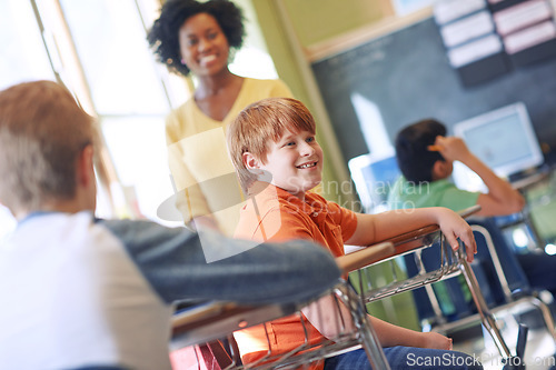 Image of School, education and children in classroom with teacher enjoying lesson, learning and academic activity. Knowledge, academy teaching and happy young boy talking to friends, students and classmates