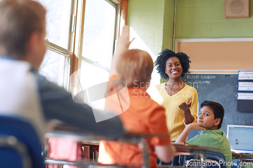 Image of Question, teacher and children in classroom with hand in academy lesson, learning and studying. Knowledge, teaching and students, school kids and learner with arm up for asking, ideas and answer