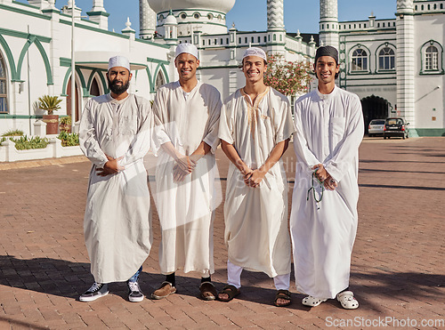 Image of Happy, hajj and Muslim men at a mosque to pray, ramadan faith and group in Mekka together. Smile, religion and portrait of Islamic friends on a pilgrimage to the holy city for spiritual journey