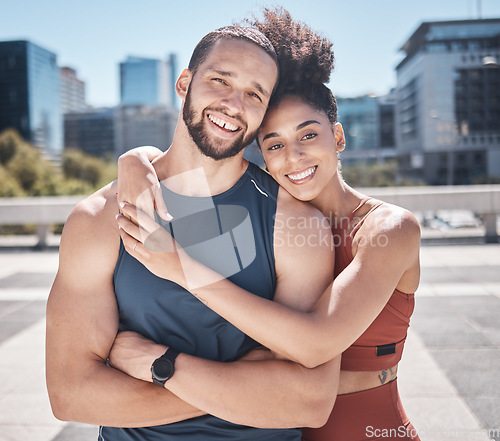 Image of Fitness, portrait and couple of friends in city workout, training or exercise in support, love and motivation with hug for teamwork. Urban, sports and athlete friends smile for cardio or muscle goals