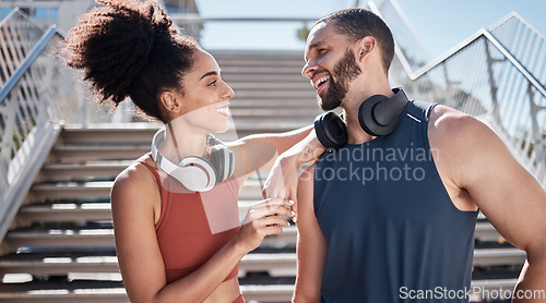 Image of Fitness, city and happy couple doing an outdoor workout for health, wellness and sport training. Sports, happiness and young man and woman athletes doing cardio exercise together for race or marathon