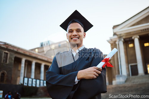 Image of University, graduation and happy man with a diploma scroll standing outdoor of his campus. Education, scholarship and male graduate from Mexico with academic certificate or degree for college success