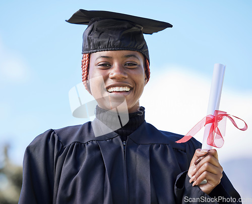 Image of Diploma, education and black woman graduate in portrait, university success and graduation achievement. Student in graduation cap outdoor, motivation and future, happy woman with certificate