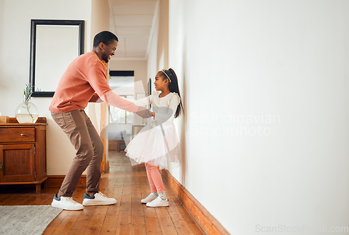 Image of Dance, happy and ballet with father and daughter holding hands for learning, support and bonding. Princess, teaching and music with dad and girl in black family home for freedom, wellness and helping