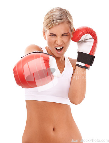 Image of Sports, boxing gloves and portrait of woman punching with confidence and motivation to box, isolated on white background. Boxing, exercise and empowerment, female boxer ready for challenge in studio.