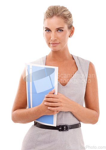 Image of Portrait, businesswoman and paper folder with white background, documents and report. Female corporate worker, employee and paperwork in studio of receptionist, young entrepreneur or secretary staff