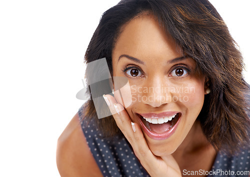 Image of Wow, surprise and portrait of black woman on a white background for wellness, cosmetics and makeup. Skincare, beauty and face headshot of girl with big smile, confident and omg expression in studio