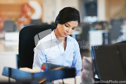 Image of Corporate, Asian woman and working in office, focus and planning schedule, deadline and employee. Business, female worker and administrator thinking, target and goal success, calm and professional