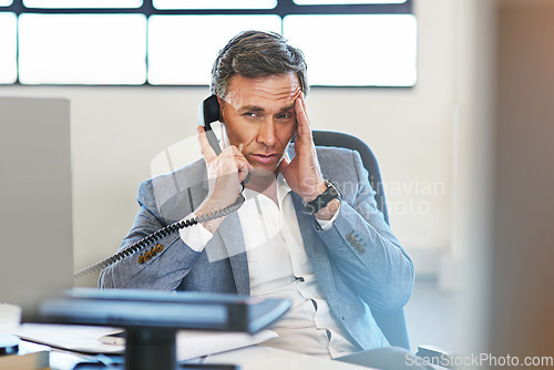 Image of Senior businessman, headache stress and telephone call, online communicaton and employee anxiety in office. Frustrated man, phone call conversation and upset for networking conflict with head pain