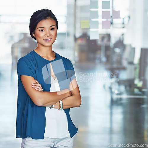 Image of Portrait, Asian woman and arms crossed for corporate success, leadership and confidence for advertising agency, goals or target. Female entrepreneur, employee and leader with business idea and office