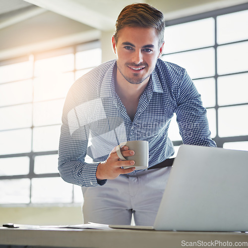 Image of Business man portrait, laptop and information technology with software development, coffee cup and internet. Corporate IT employee, ux with system upgrade and connectivity, wifi and tech programming