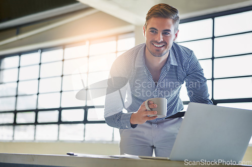 Image of Business man, laptop and information technology with software development with coffee cup and internet. Corporate IT employee, ux with system upgrade and connectivity, wifi and tech with programming