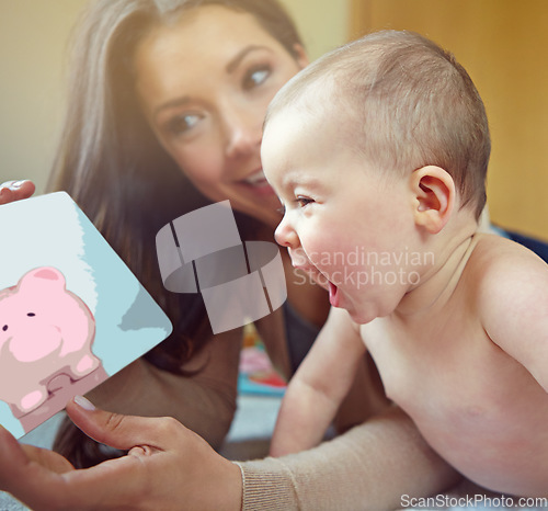 Image of Mother, baby and family for learning, development and pig picture book for fun education and growth. Woman and child in house to bond and play with love, security and care with a smile and happiness
