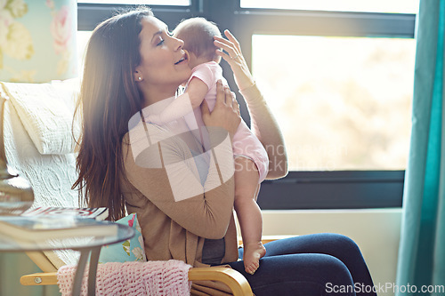 Image of Mother, bonding or hugging baby girl in house living room or family home nursery in support trust, love or security. Mom, infant or child embrace in sleeping help, stop crying or burping after eating