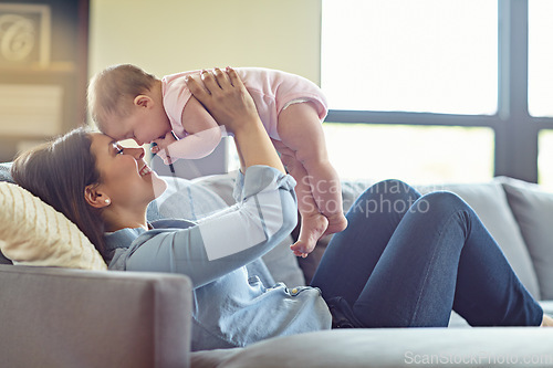 Image of Mother, bonding or baby girl in airplane game on house living room, relax nursery or family home sofa. Smile, happy or flying infant with playing mom in comic, funny or silly kids activity in trust