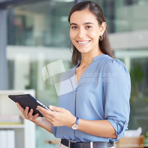 Image of Tablet, office and business woman in portrait for website management, Human Resources innovation and recruitment software. HR worker with digital technology for workflow, time management and hiring