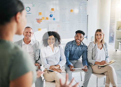 Image of Presentation, marketing and business people in a meeting for training, sales workshop and happy at a group interview. Seminar, learning and employees listening to a mentor teaching a strategy