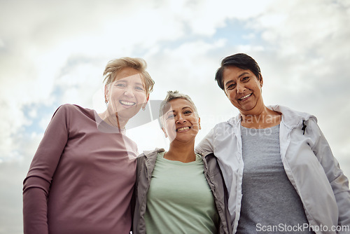 Image of Senior women, portrait and exercise group for fitness, workout or team on mockup sky background. Low angle, elderly female face and sports friends in support of wellness, healthy retirement and smile