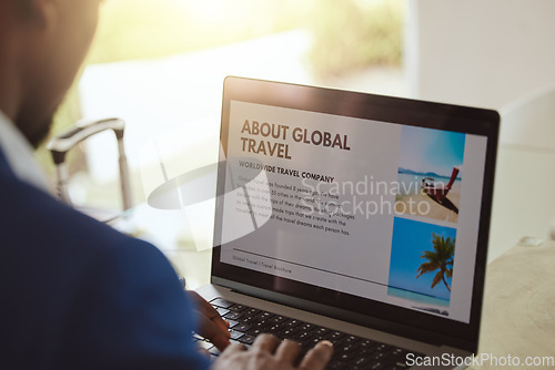 Image of Business man, travel search and website on laptop for about us information, vacation planning and marketing of online, digital brochure. Black man on ux web design for contact us, booking or faq page