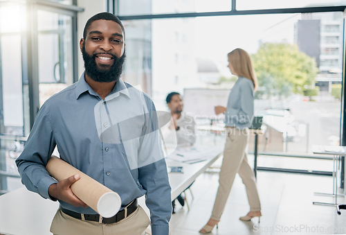 Image of Portrait, black man and engineer in office, construction and blueprints for new building, collaboration and helmet for protection. Architecture, Nigerian male and builder for real estate development.