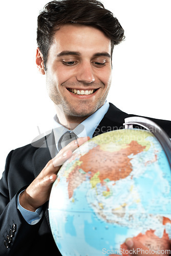 Image of World, globe and business man with earth and planet sphere feeling happy about global travel. International, employee and happiness of a worker with isolated white background in a suit with a smile