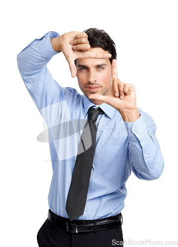 Image of Portrait, businessman and finger frame on studio background for profile picture. Young worker, hand sign and framing face for corporate perspective, professional update and vision, planning and focus