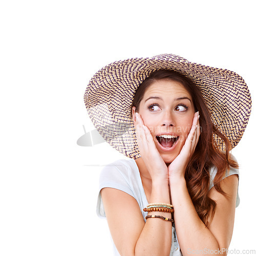 Image of Woman, wow face and studio with hat for summer, fashion and excited for vacation with facial beauty. Model, clothes and surprise with hands, background and sunhat for safety from sunburn on holiday