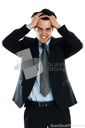 Image of Stress, anxiety and mental health of business man in studio isolated on a white background. Burnout, depression and portrait of sad male employee from Canada after bad news, deal or financial crisis