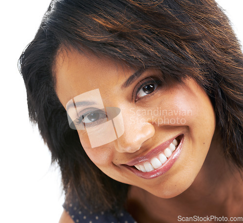 Image of Black woman, smile and portrait zoom of a female face with happiness and natural beauty. Makeup, excited and happy african woman smiling in a isolated white background studio with skin care glow
