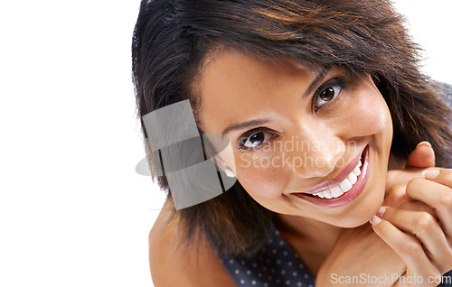 Image of Face, smile and portrait with woman and cosmetics for beauty and skincare with makeup against white background. Teeth, cosmetic care and facial zoom with wellness, dermatology and natural glow